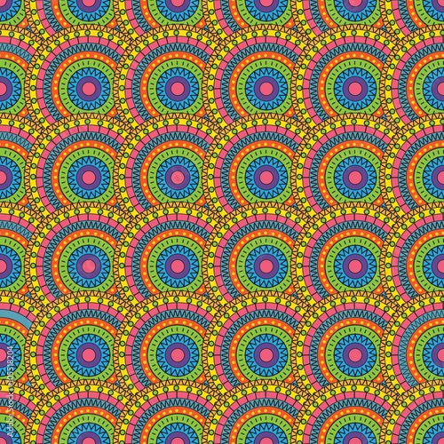 Seamless square pattern with colored circles and different elements
