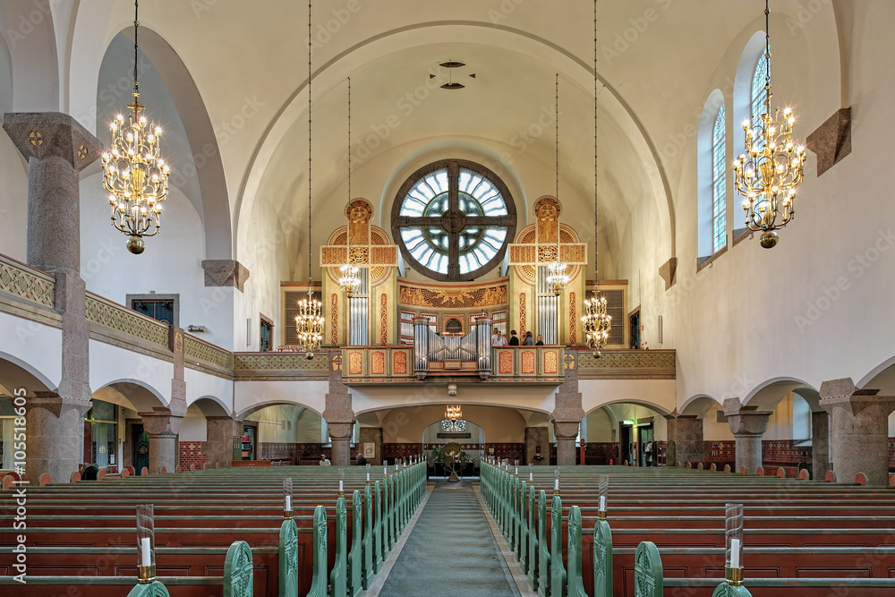 Fototapeta premium Interior of Vasa Church with pipe organ in Gothenburg, Sweden