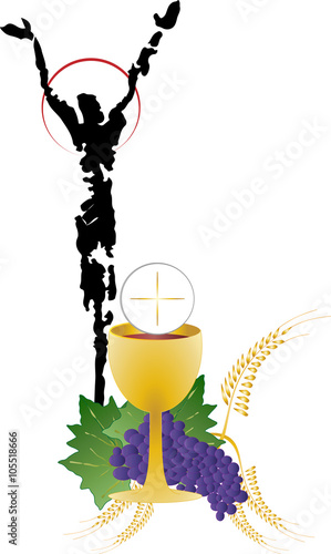 Eucharist symbol of bread and wine, chalice and host, with wheat ears wreath and grapes, with a cross. First communion illustration.