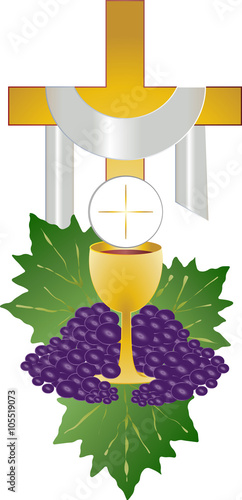 Eucharist symbol of bread and wine, chalice and host, with wheat ears wreath and grapes, with a cross. First communion illustration.