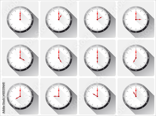Twelve different vector clocks with shadows on white background.