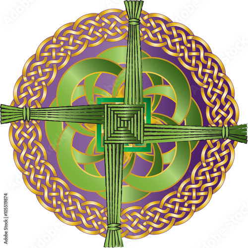 rish celtic knot ornament with the cross of St Brigid, believed to protect against evil and fire. Color vector illustration.