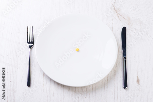 Plate with fork, knife and pill