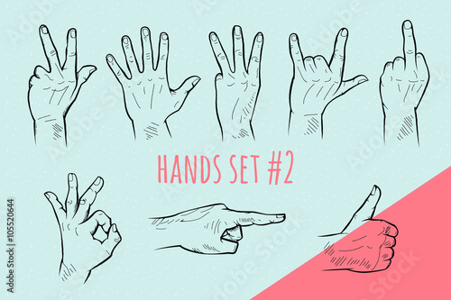 Vector hand gesture set. Pencil drawn sketch.