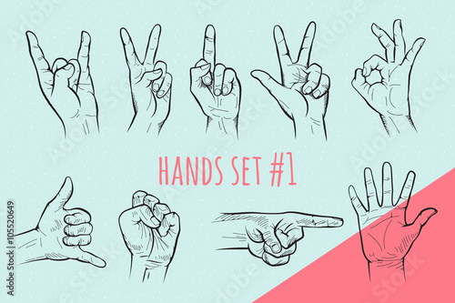 Vector hand gesture set. Pencil drawn sketch.