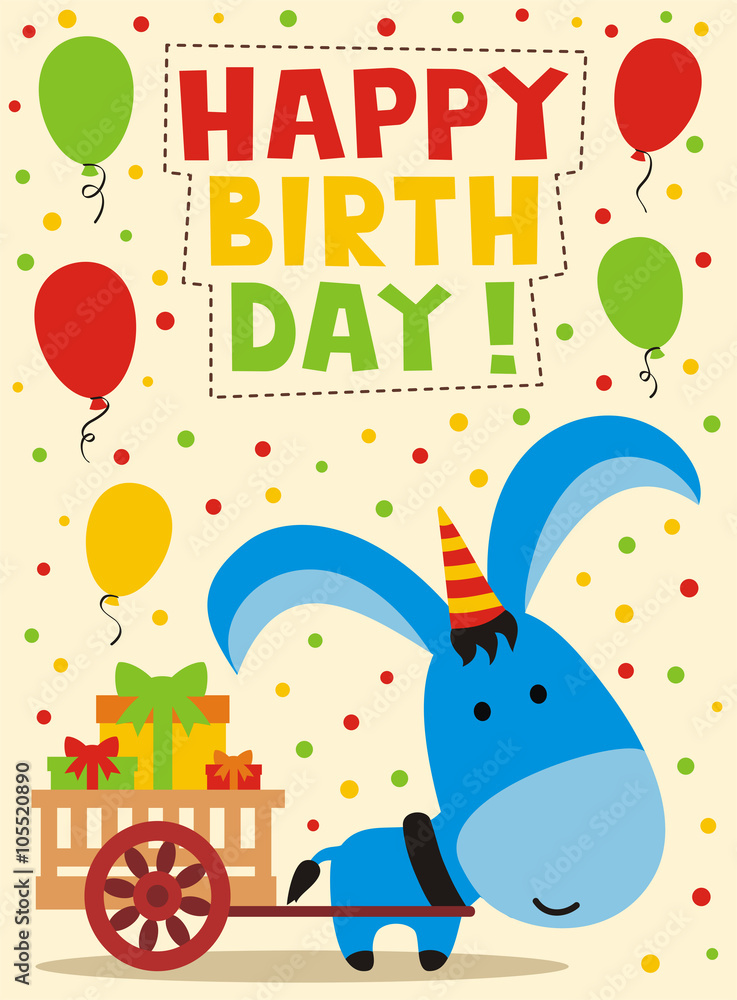 Obraz premium cute little donkey, happy birthday card, funny animal