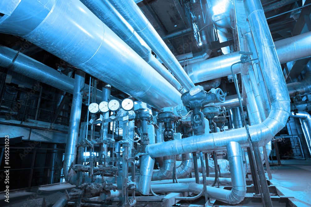 Industrial zone, Steel pipelines, valves, cables and walkways Industrial zone, Steel pipelines, valves, cables and walkways