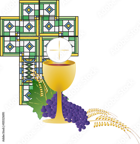 Eucharist symbol of bread and wine, chalice and host, with wheat ears wreath and grapes, with a cross. First communion illustration with stained glass cross.