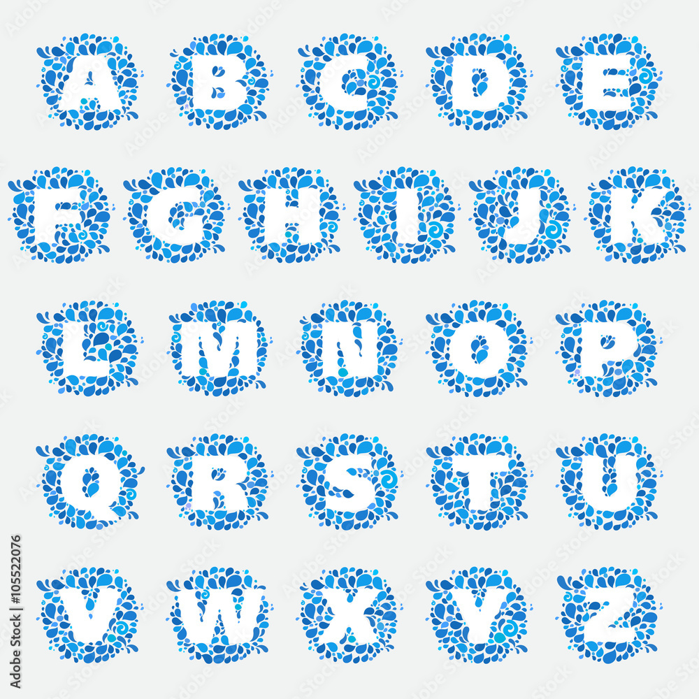 Alphabet letters in a circle of splashes and drops of water. Alphabet letters in a circle of splashes and drops of water.