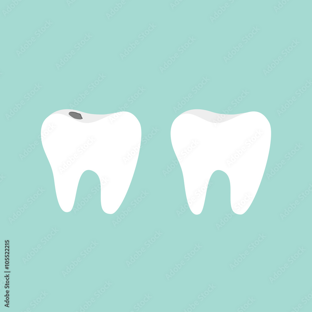 Tooth icon. Healthy and bad ill tooth with caries. Oral dental hygiene.  Children teeth care. Tooth health. Blue background. Flat design.