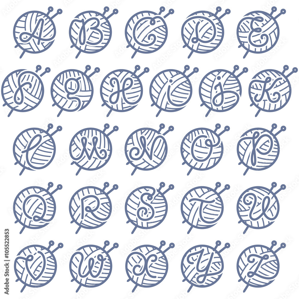 Alphabet letters logos with yarn and needles Alphabet letters logos with yarn and needles