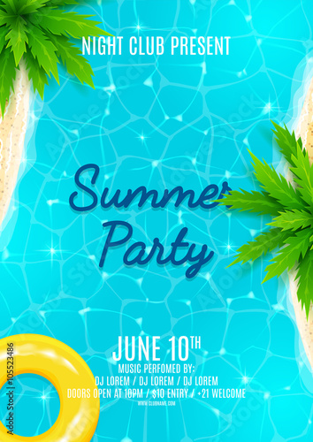 Summer party flyer. Beautiful background on the sea topic with sea shore, sea water and palm trees. Vector illustration.