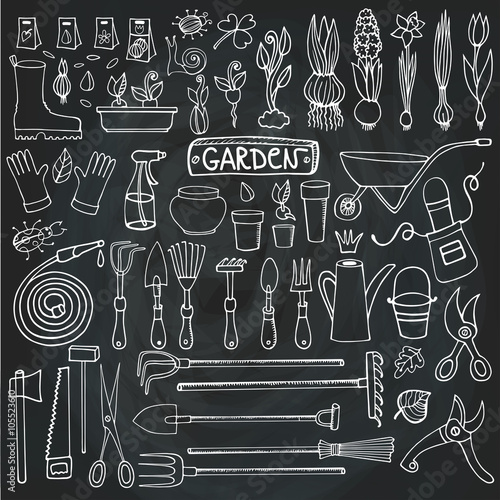 Spring garden doodle set.Tools,plants.Chalkboard