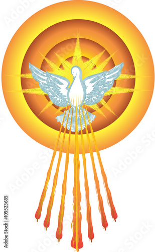 Holy Spirit symbol dove with halo and seven rays of fire, symbols of the gifts of the Holy Spirit. Abstract vector illustration