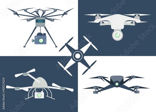 
Flying drone flat icons. Set of aerial drone footage icons. Remote aerial quadrocopters with a camera. Flat design. Isolated