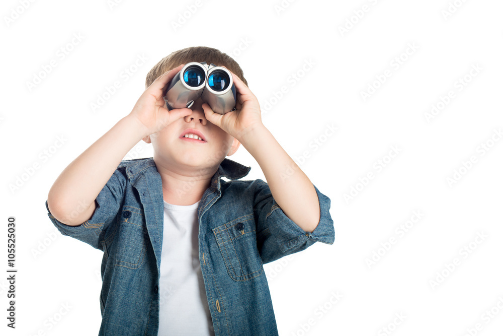 happy little boy child white background studio isolated with binoculars happy little boy child white background studio isolated with binoculars