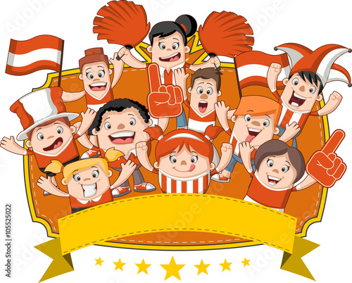 Group of cartoon sport fans and supporters cheering 
