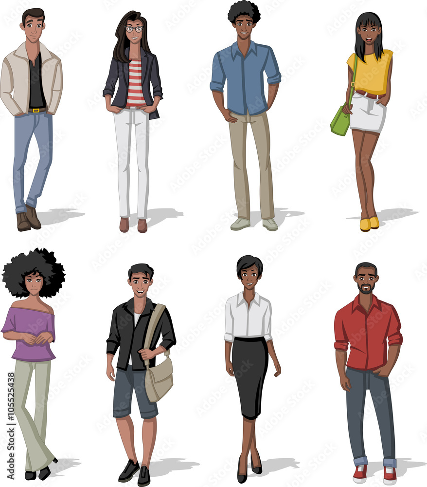 Obraz premium Group of fashion cartoon black people. African teenagers.