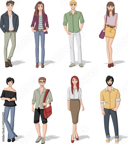 Group of fashion cartoon young people. Teenagers.
