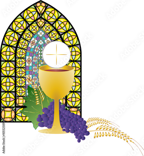 Eucharist symbol of bread and wine, chalice and host, with wheat ears wreath and grapes, with a cross. First communion illustration, with stained glass church window.
