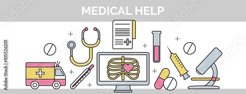 Thin black line scribble header banner illustration for the structure and sequence of medical help. 