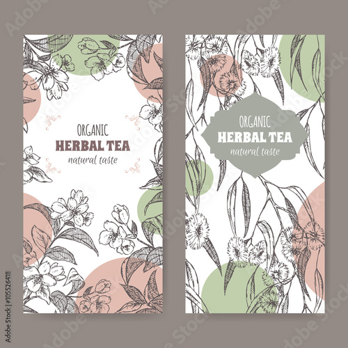 Two labels for eucalyptus and jasmine organic herbal tea. 