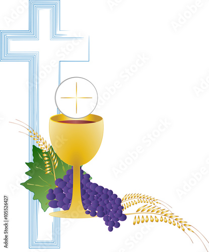 Eucharist symbol of bread and wine, chalice and host, with wheat ears wreath and grapes, with a cross. First communion illustration.
