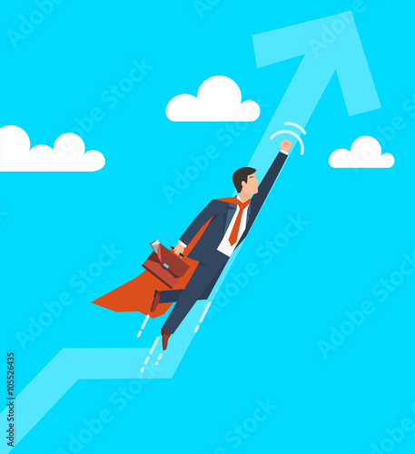 Businessman in a suit superhero flies up. Leadership and business growth concept. Flat design. Vector illustration