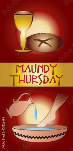 Maundy Thursday, Good or Holy Thursday color vector illustration with washing of the feet and the Eucharist.