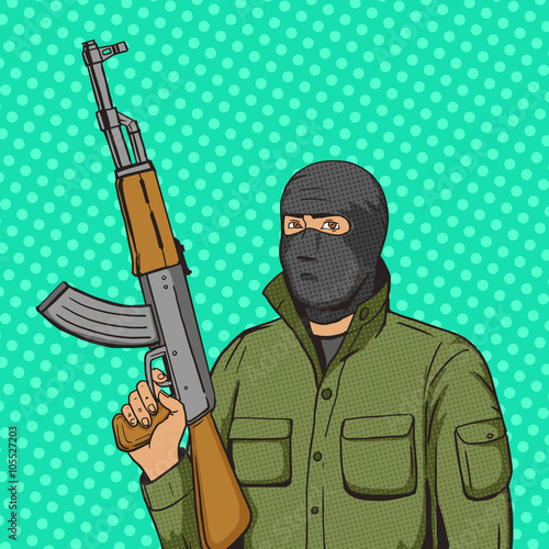 Terrorist man with weapon pop art style vector