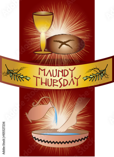 Maundy Thursday, Good or Holy Thursday color vector illustration with washing of the feet and the Eucharist.