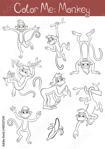 Coloring pages "Color me: Monkey". Set of seven cute little monkey in the different poses. Standing, jumping, running, hanging. © ya_mayka