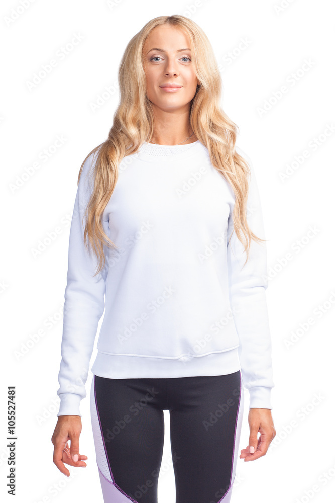 young blonde woman in blank white sweatshirt arms down young blonde woman in blank white sweatshirt arms down
