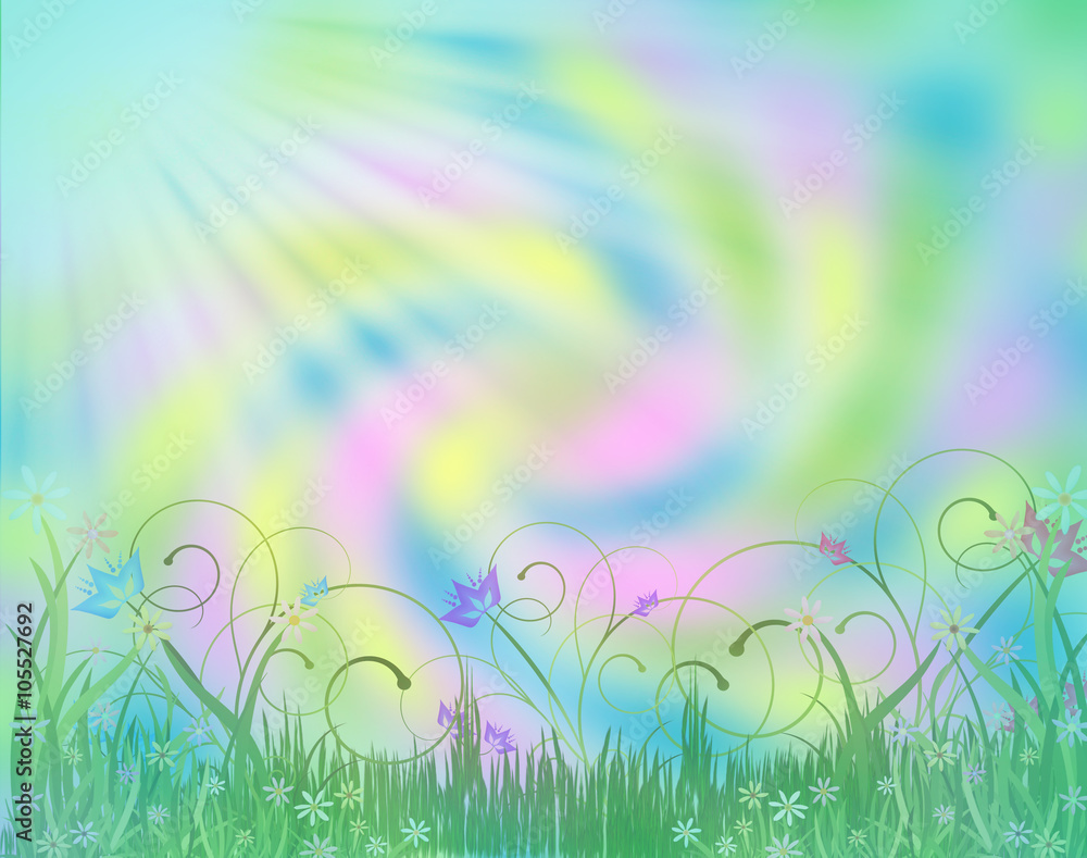 Obraz premium Abstract flower garden in soft pastel colors with sun beaming down. Background, illustration, graphic. Credit of flowers: (c)Delightful-Doodles (original artwork©delightful-doodles.com 