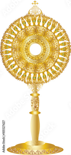 Golden monstrance for Eucharistic adoration of the Blessed Sacrament. Vector illustration.