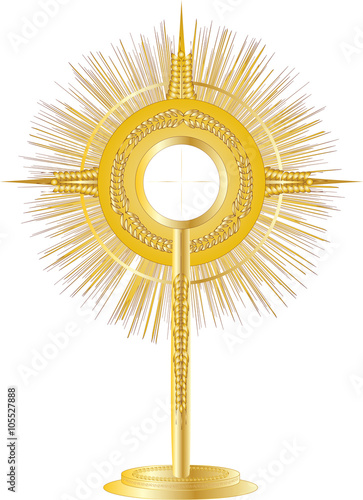 Golden monstrance for Eucharistic adoration of the Blessed Sacrament. Vector illustration. photo