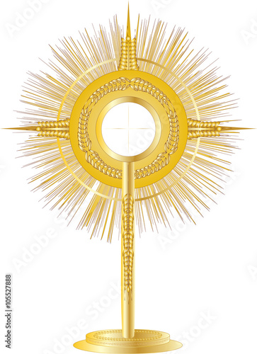 Golden monstrance for Eucharistic adoration of the Blessed Sacrament. Vector illustration.