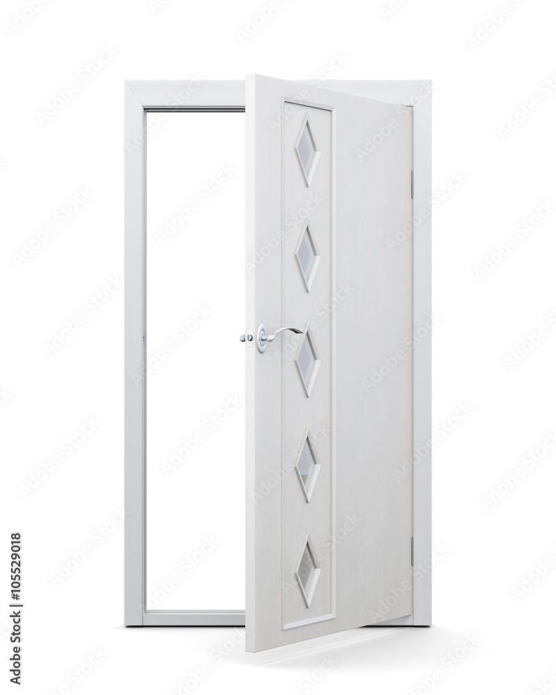 Open door with glass inserts isolated on white background. 3d rendering. Open door with glass inserts isolated on white background. 3d rendering.
