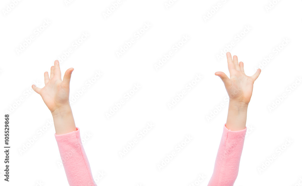 close up of little child hands raised upwards close up of little child hands raised upwards
