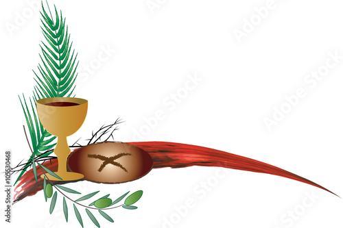 Eucharist symbols of bread and wine with the symbols of the Passion of Jesus Christ. Holy week, Lent or Easter vector color illustration.