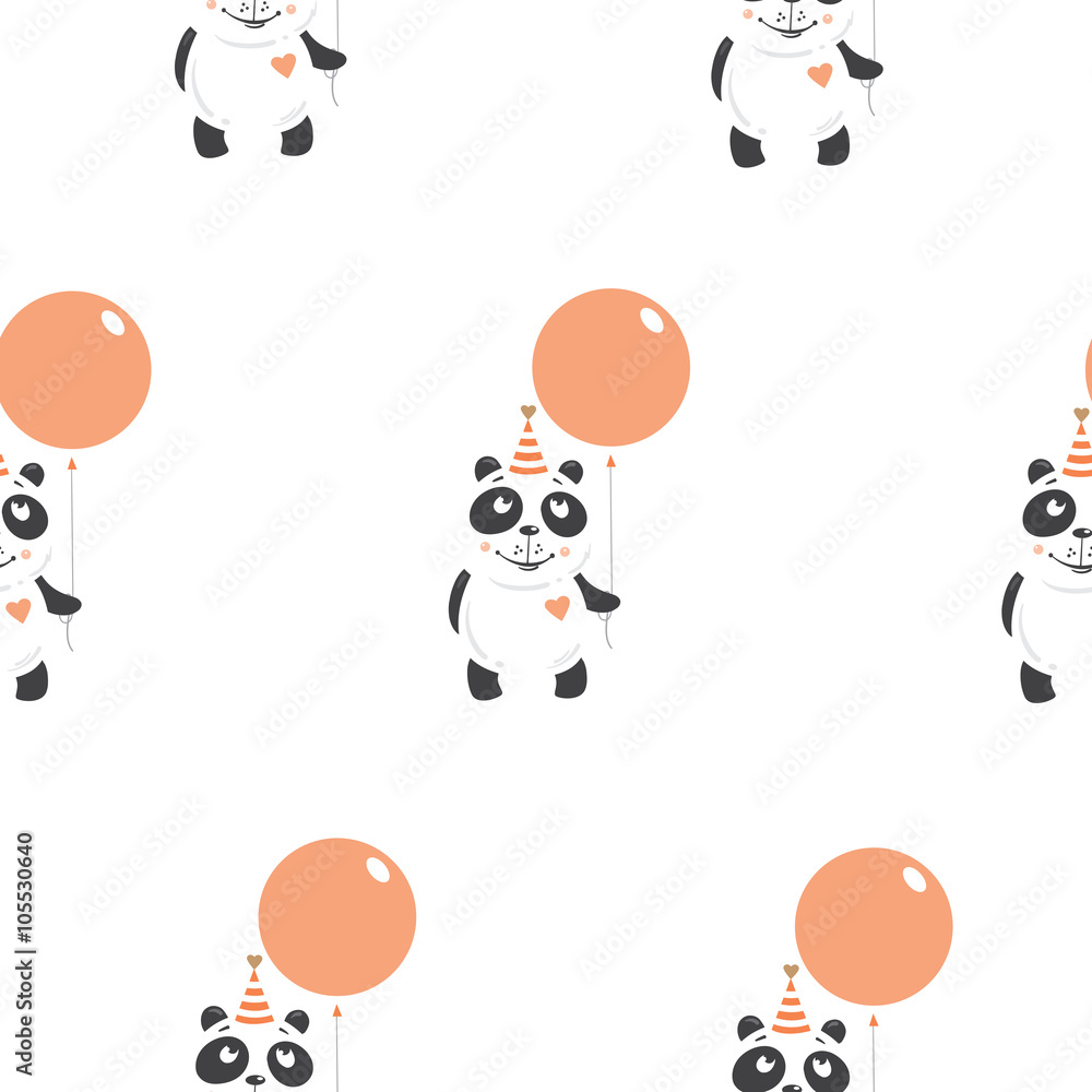 Fototapeta premium Birthday seamless pattern with pandas on white background. Party hats and ballons. Vectr image.