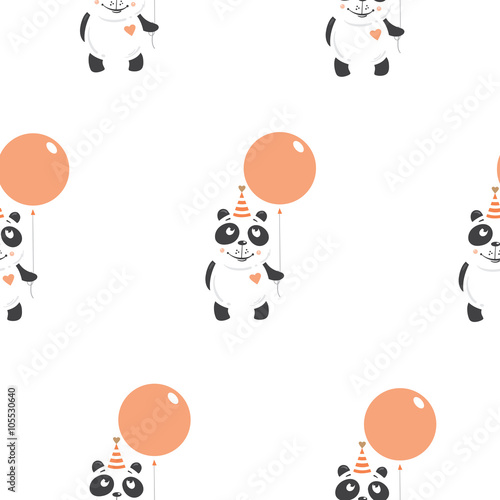 Fototapeta Naklejka Na Ścianę i Meble -  Birthday seamless pattern with pandas on  white background. Party hats and ballons. Vectr image.