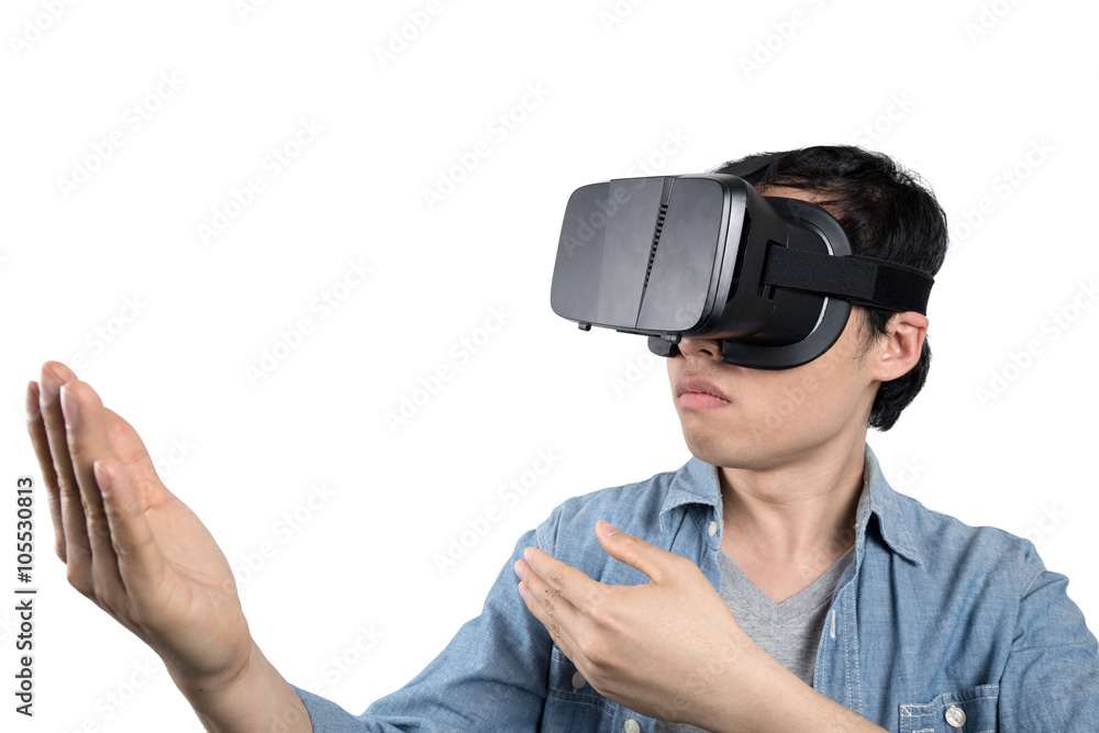Asian man use VR glasses watching video Asian man use VR glasses watching video