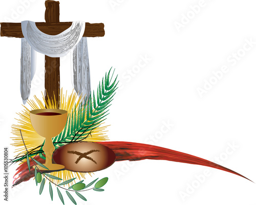 Eucharist symbols of bread and wine with the symbols of the Passion of Jesus Christ. Holy week, Lent or Easter vector color illustration.