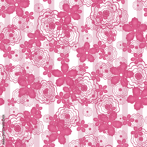 Floral seamless pattern in retro style, cartoon cute flowers on white background striped