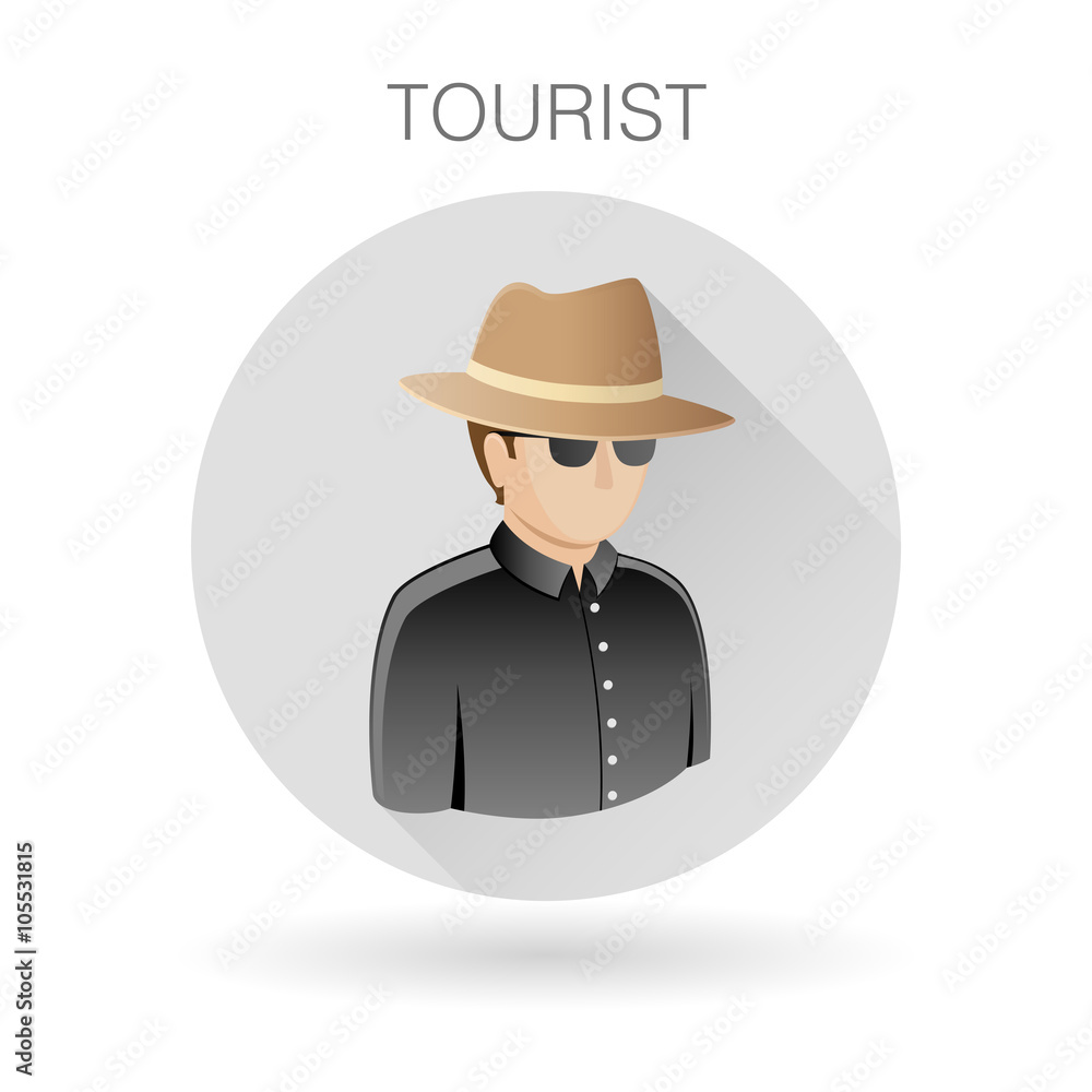 Male tourist icon. Man with safari hat symbol. Tourist sign. Tourist profile icon on light gray circle background. Vector illustration.