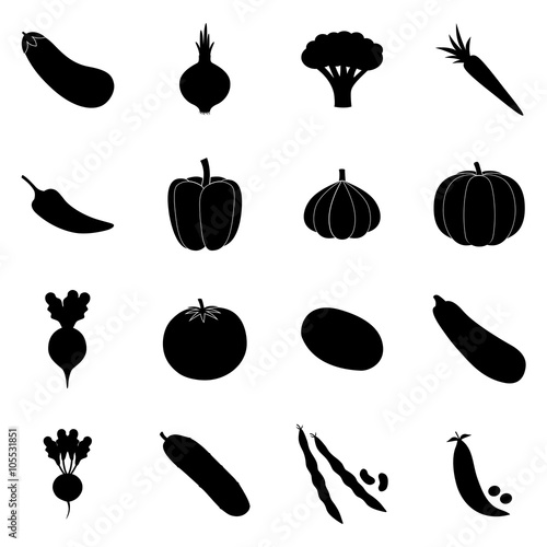 Set of black vegetable icons, vector illustration