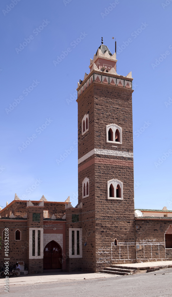 Modern minaret, with white windows in Morocco