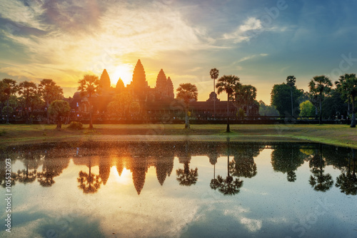Mysterious towers of ancient Angkor Wat at dawn, Cambodia