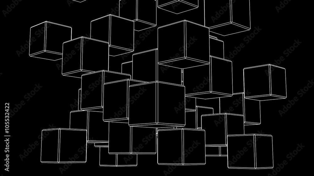 Loop Able White Wire Frame Cube Abstract On Black Background. Loop Able White Wire Frame Cube Abstract On Black Background.